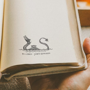 Antieke Zee Monster Geïllustreerd Ex Libris Boek Zelfinktende Stempel