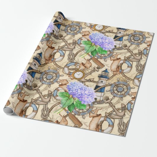 Antieke zeekaart met Hydrangea Cadeaupapier (Uitgerold)
