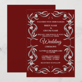 Antieke Zilveren Bloempatroon Rode Elegante Trouw Kaart