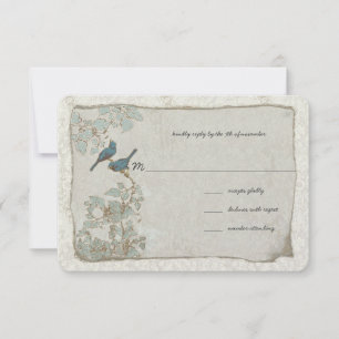 Antieke zilveren en blauwe vogels damast bruiloft RSVP kaartje