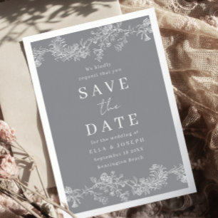 Antieke zilvergrijze & witte trouw save the date folie uitnodiging