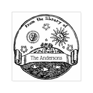Antieke Zon Maan Sterren Oceaan Aarde Bibliotheek  Zelfinktende Stempel