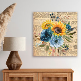 Antieke Zonnebloemen Blauwe Bloemen Dictionary Canvas Afdruk