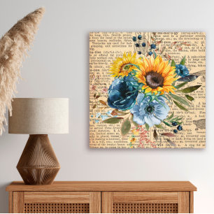 Antieke Zonnebloemen Blauwe Bloemen Dictionary Canvas Afdruk