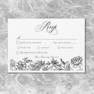 Antieke zwart-wit bloem-tapijt bruiloft RSVP kaartje