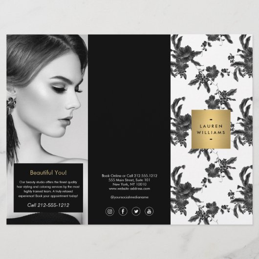 Antieke zwarte bloempatroon tri-fold brochure (Voorkant)