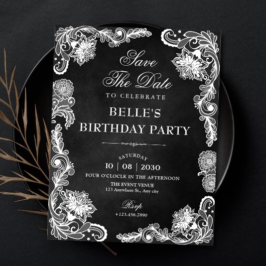 Antieke zwarte en witte kant save the date