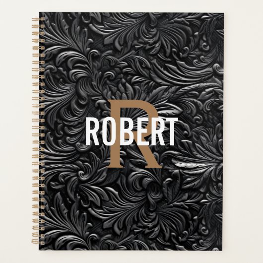 Antieke zwarte goud gestempelde leren monogram naa planner (Voorkant)
