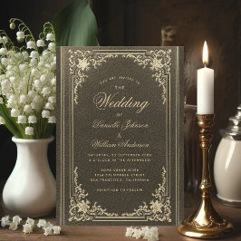 Antieke Zwarte Gouden Elegante Kalligrafie Bruilof Kaart