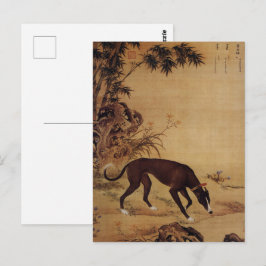 Antieke Zwarte Greyhound & Roze Bloesem Briefkaart