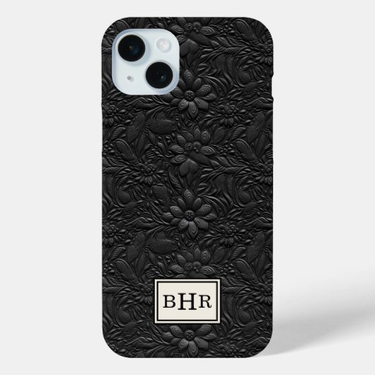 Antieke Zwarte Leren Monogram Tas Case-Mate iPhone Case (Achterkant)