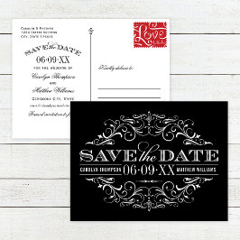 Antieke zwarte Save the Date met krulwerk ontwerp Aankondigingskaart