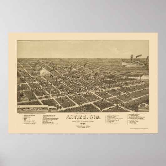 Antigo, WI Panorama Map - 1886 Poster (Voorkant)