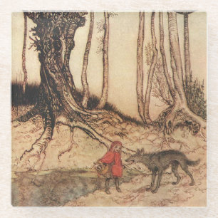 antique Arthur Rackham Roodkapje & Wolf Print Glazen Onderzetter