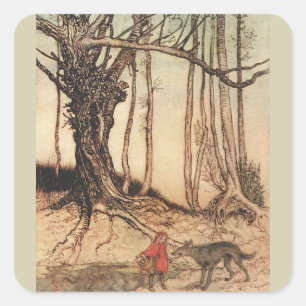 antique Arthur Rackham Roodkapje & Wolf Print Vierkante Sticker