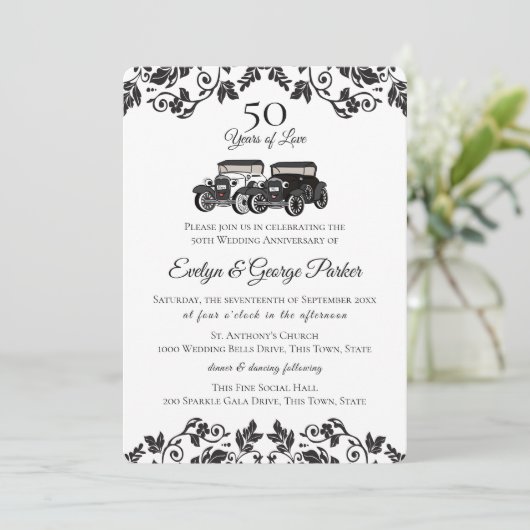 Antique auto en damast 50ste verjaardag kaart (Staand voorkant)