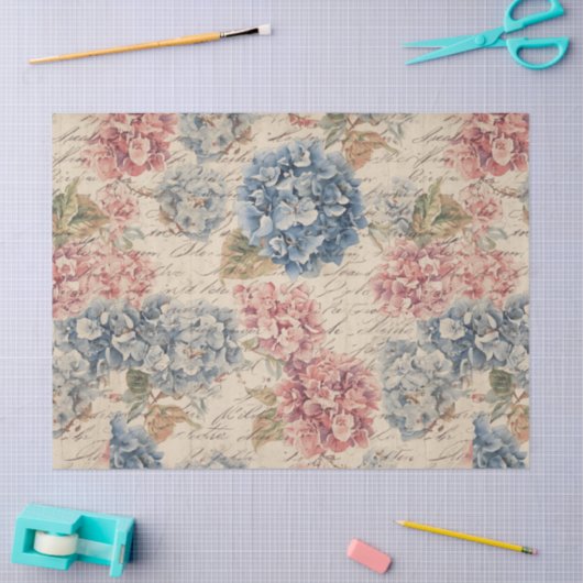 Antique Blue and Pink Hydrangea Ephemera Script Tissuepapier (Craft)
