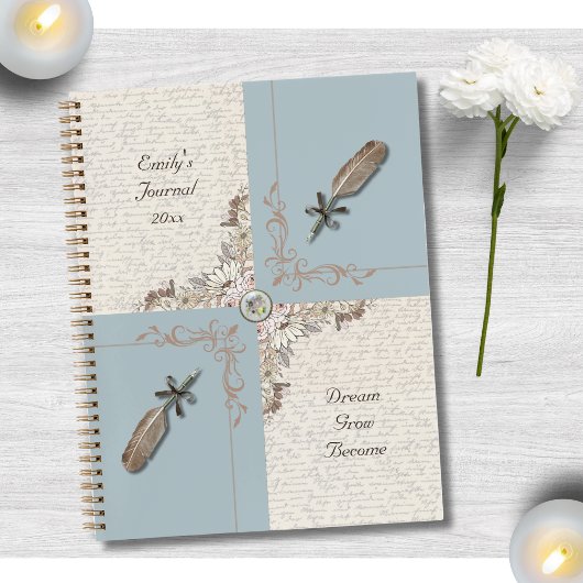 Antique Blue Floral and Quill Reflection Journal Notitieboek