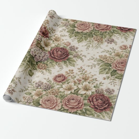 Antique Blush Rose Garden Pattern Cadeaupapier (Uitgerold)