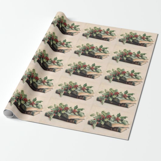 ANTIQUE BOEKEN EN HULSTBES Kerstpatroon Cadeaupapier (Uitgerold)
