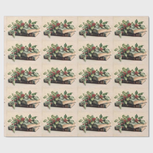 ANTIQUE BOOKS AND HOLLYBERRIES  Christmas Pattern Cadeaupapier (Vlak)
