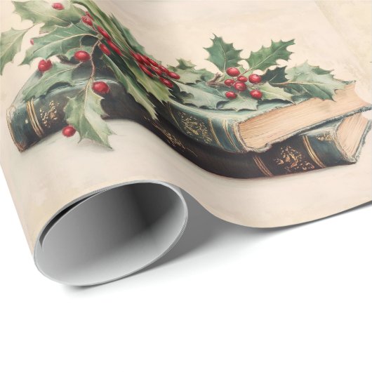 ANTIQUE BOOKS AND HOLLYBERRIES  Christmas Pattern Cadeaupapier (Rol Hoek)