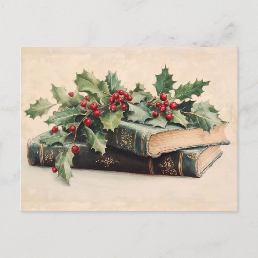 ANTIQUE BOOKS WITH HOLLYBERRIES Vintage Christmas Feestdagenkaart (Voorkant)