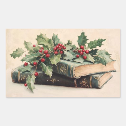ANTIQUE BOOKS WITH HOLLYBERRIES Vintage Christmas Rechthoekige Sticker (Voorkant)