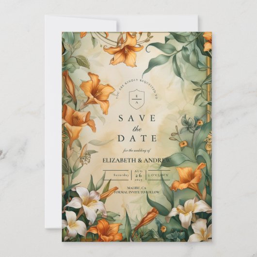 Antique Botanical Floral Wedding Save The Date (Voorkant)