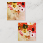 ANTIQUE BRUINE RODE WITTE ROZEN EN ANEMONE BLOEMEN VIERKANTE VISITEKAARTJE (Voorkant / Achterkant)