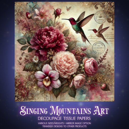 Antique Charm Hummingbirds and Flowers Decoupage Tissuepapier