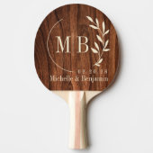 Antique Cherry Wood Leaf Wedding Monogram Tafeltennisbatje (Voorkant)