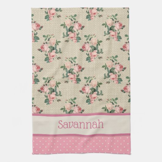 Antique Cottage Roses and Pink Polka Dots Theedoek (Verticaal)