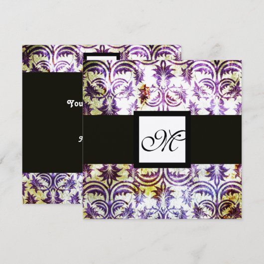 ANTIQUE DAMASK MONOGRAM, zwart wit paars, goud Kaart (Voorkant / Achterkant)
