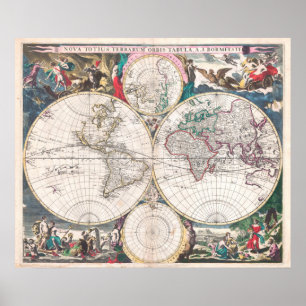 Antique Double-Hemisphere World Map Poster