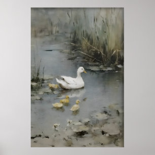 Antique Eenden Familie Print, Eend Minimalist Poster