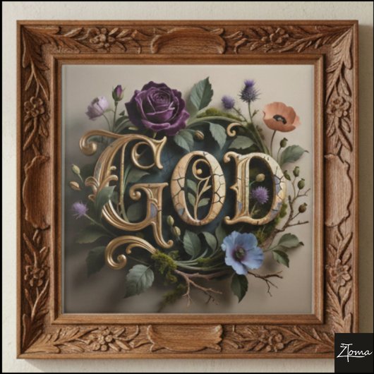 Antique Floral Gold GOD Word Sign Tegeltje