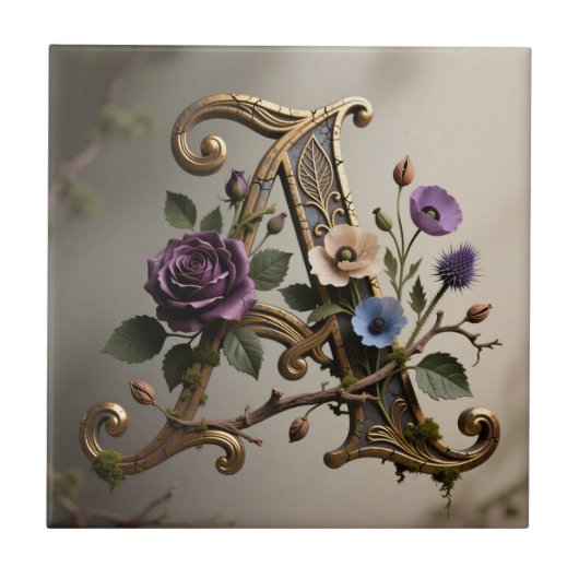 Antique Floral Gold Letter A Monogram Tegeltje (Voorkant)