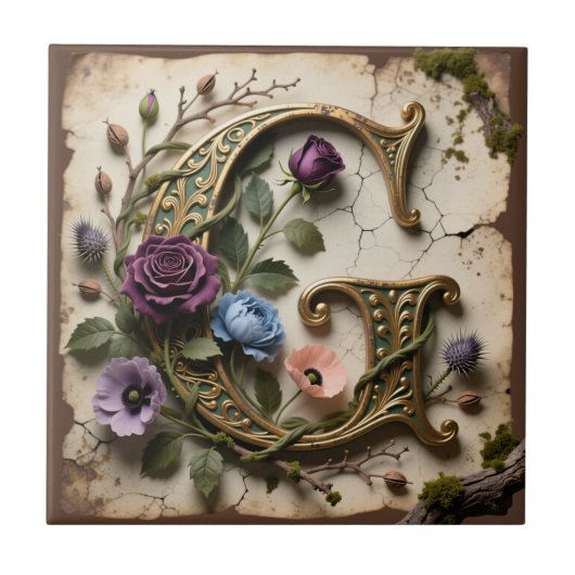 Antique Floral Gold Letter G Monogram Tegeltje (Voorkant)