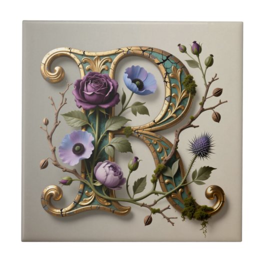 Antique Floral Gold Letter R Monogram Tegeltje (Voorkant)
