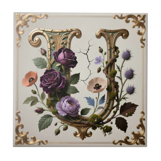 Antique Floral Gold Letter U Monogram Tegeltje (Voorkant)
