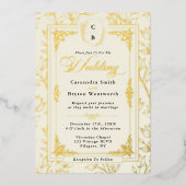 Antique Floral Monogram Crest Gold Frame Wedding Folie Uitnodiging (Voorkant)