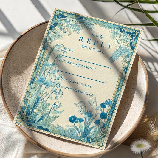 Antique Garden Blue Flower Wedding RSVP Kaartje