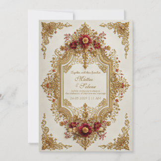 Antique Gilded Burgundy Floral Formal Wedding Kaart