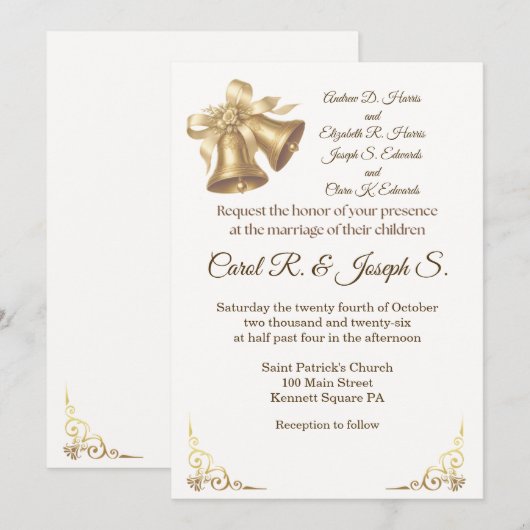 Antique Gold Bells Wedding Invitation Kaart (Voorkant / Achterkant)
