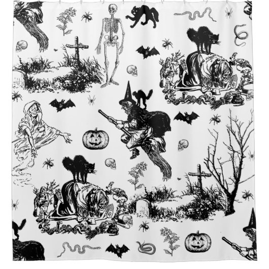 antique halloween witch ghoul skeleton toile goth douchegordijn (Voorkant)