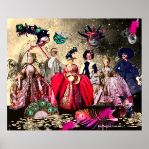 ANTIQUE ITALIAANSE POPPEN MASKERADE KOSTUUMPARTY POSTER