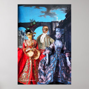 ANTIQUE ITALIAANSE POPPEN MASKERADE KOSTUUMPARTY POSTER