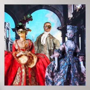 ANTIQUE ITALIAANSE POPPEN MASKERADE KOSTUUMPARTY POSTER