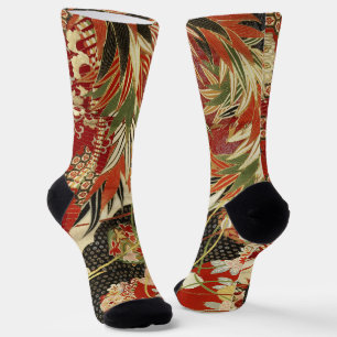 ANTIQUE JAPANSE BLOEMEN Rood Groen Zwart Bloemmoti Sokken